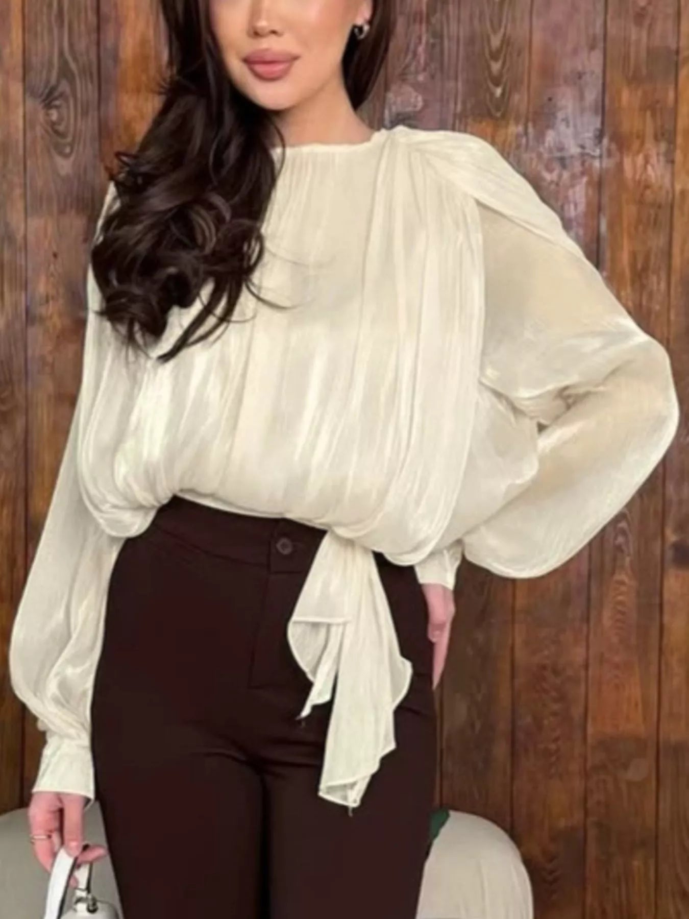 Trendsi Tie-Front Detail Long Sleeve Blosue -