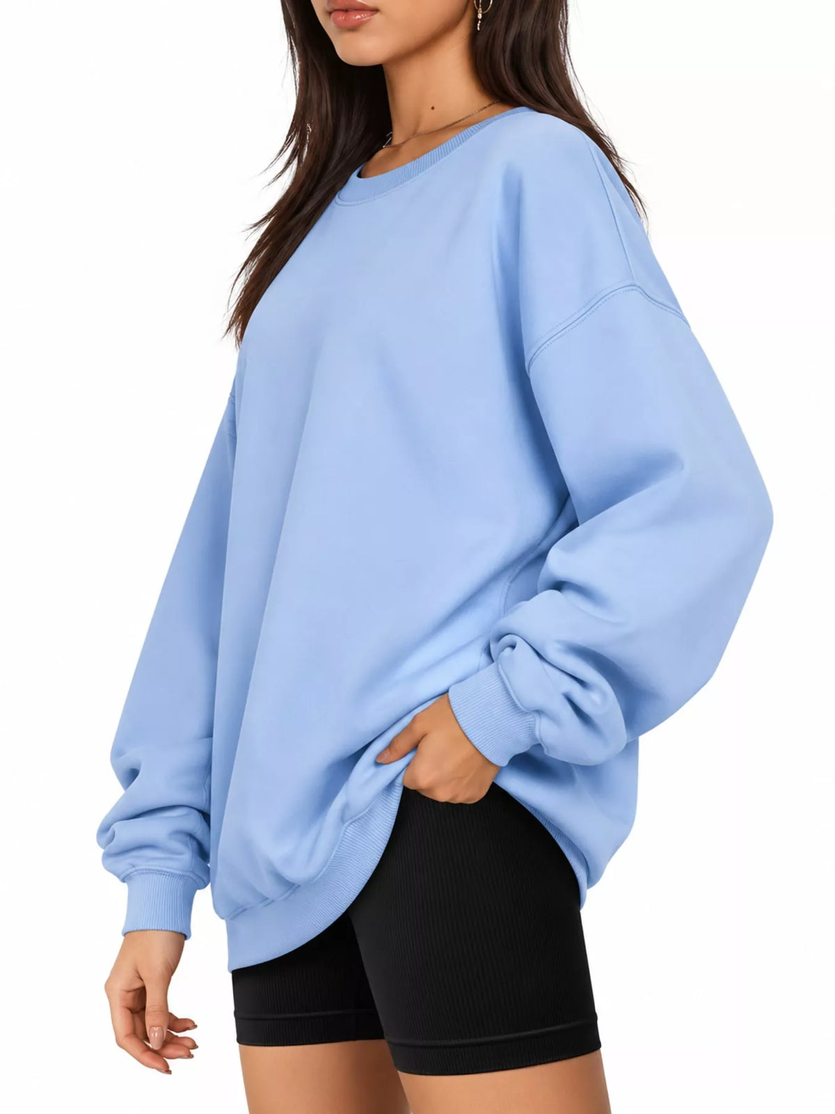 Ribbed Trim Crew Neck Sweatshirt in light blue, side view