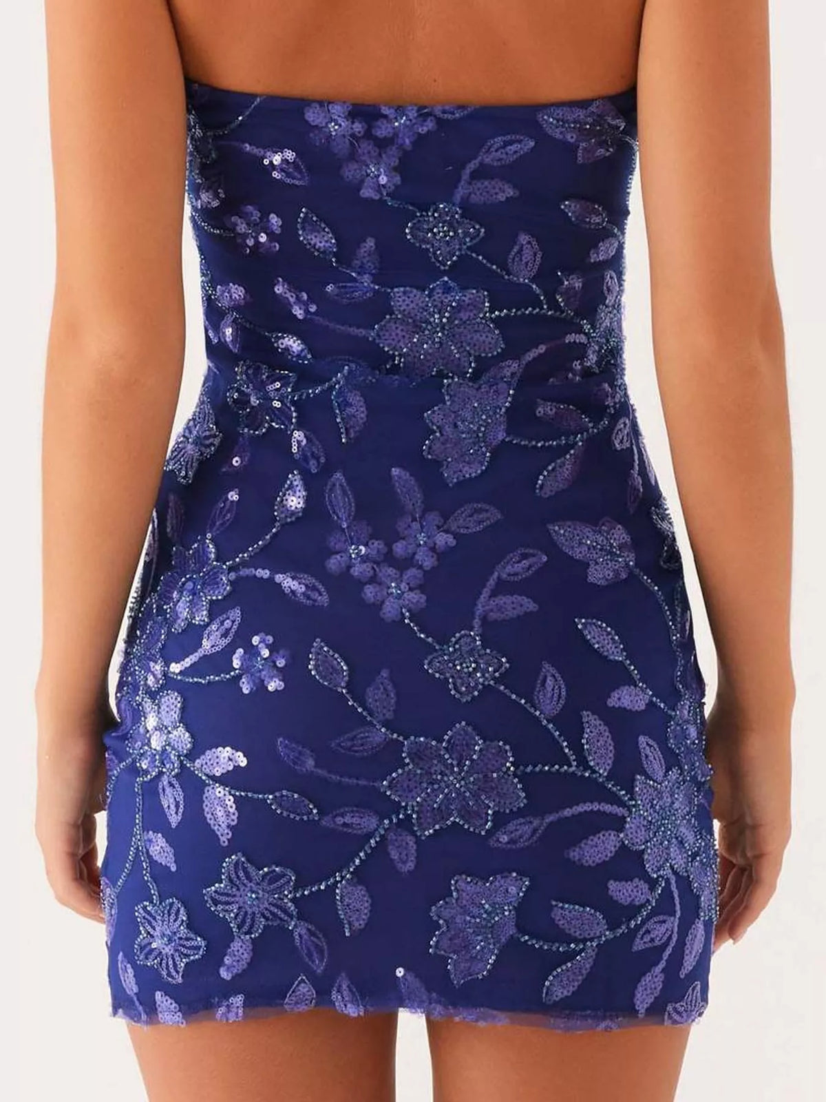 strapless mini dress, back view