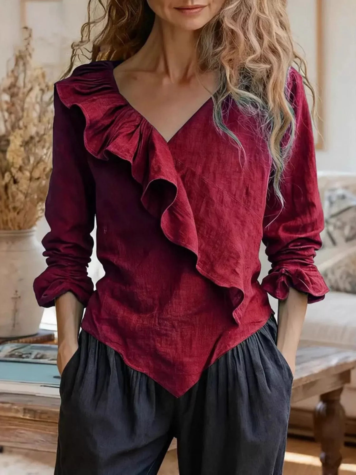 Trendsi V-Neck Ruffled Long Sleeve Blouse -