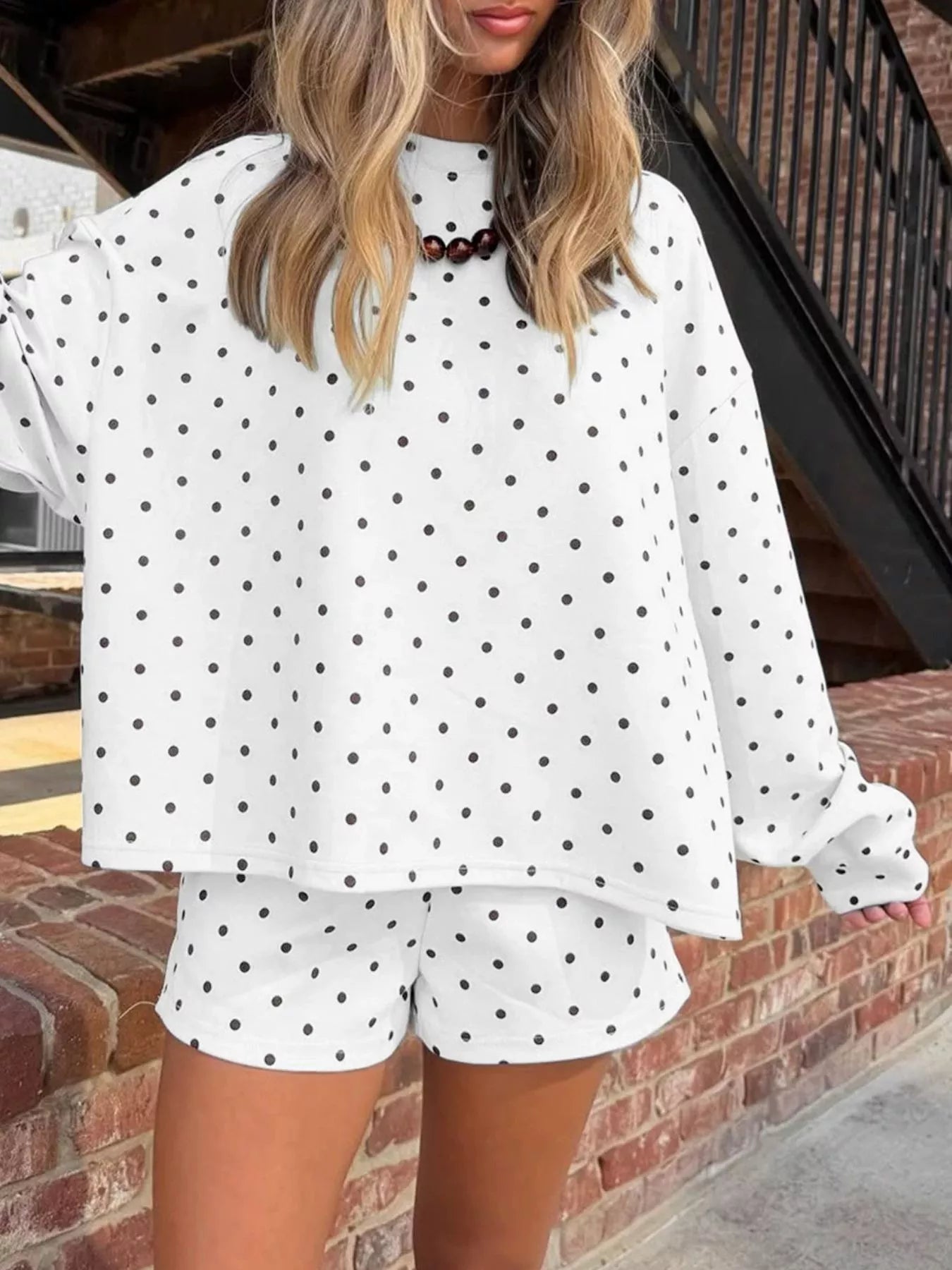 Trendsi Polka Dot Long Sleeve Top and Shorts Set -