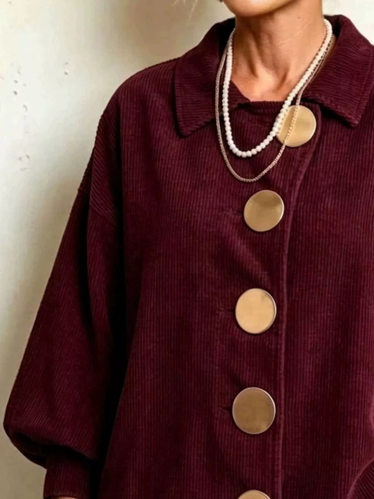 Women's Corduroy Button-Down Jacket in burgundy — button detail view