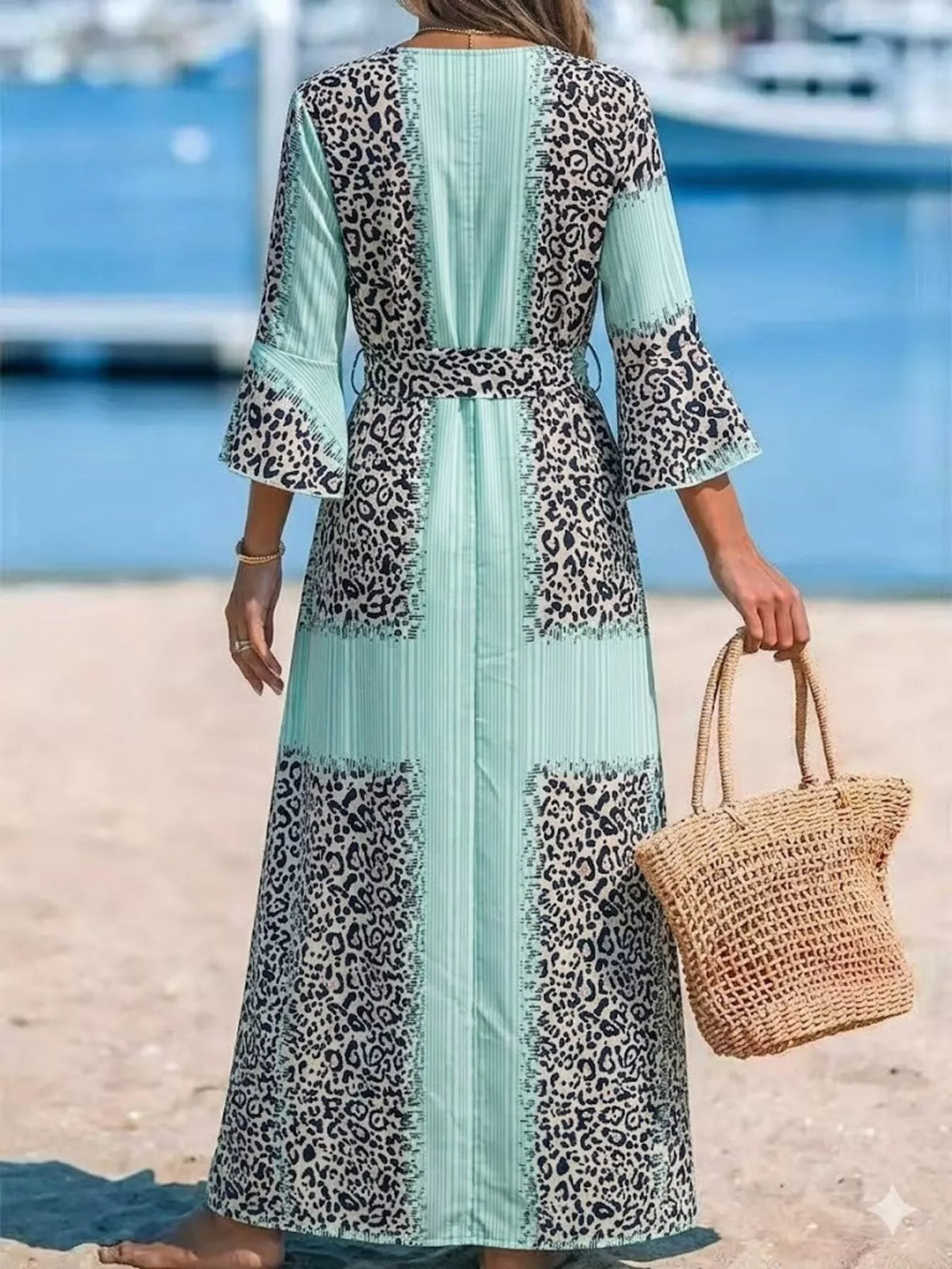Women's Leopard Print Patchwork Maxi Dress in Sky Blue, alternate view