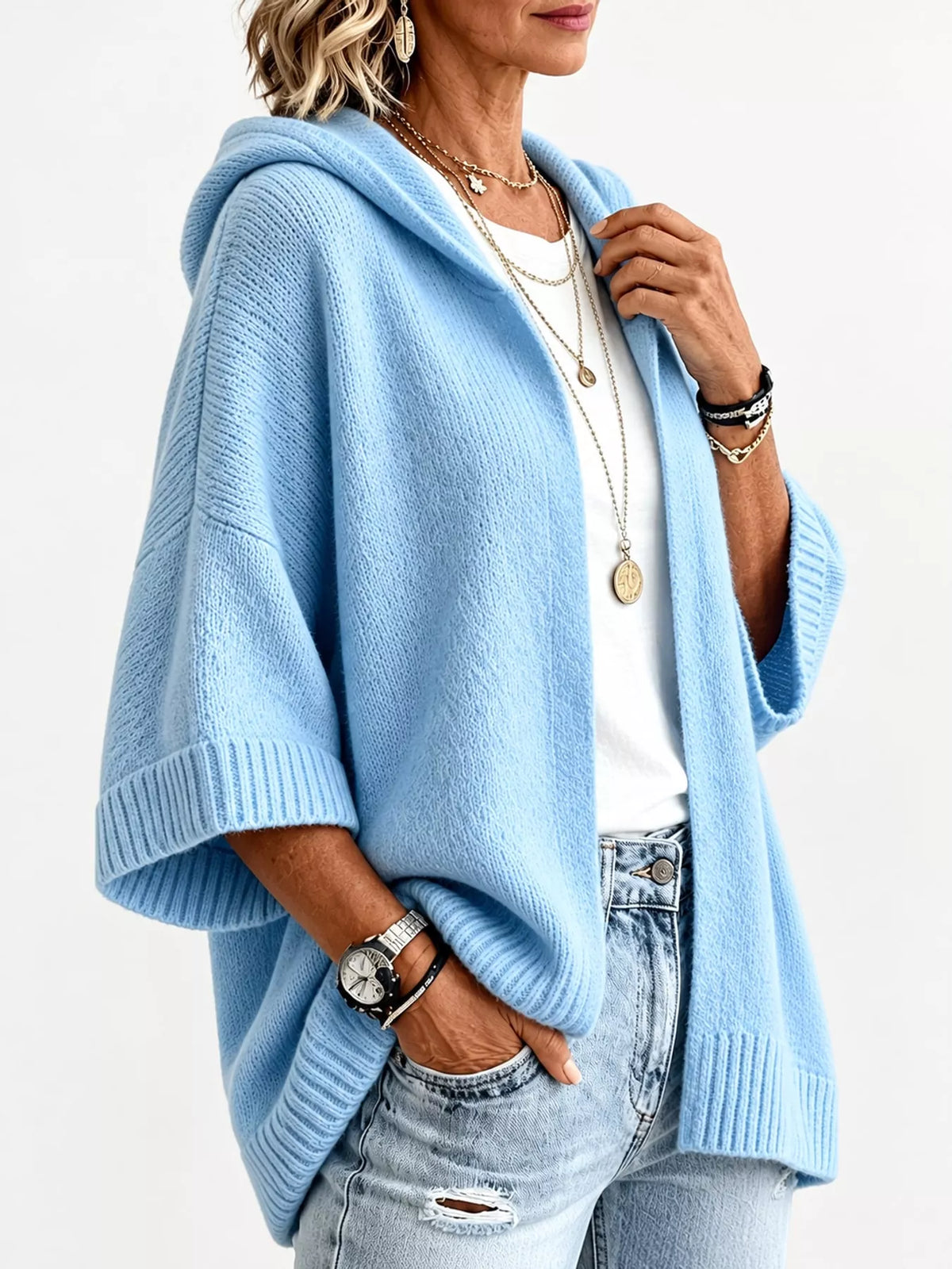 Hooded knit cardigan, light blue side