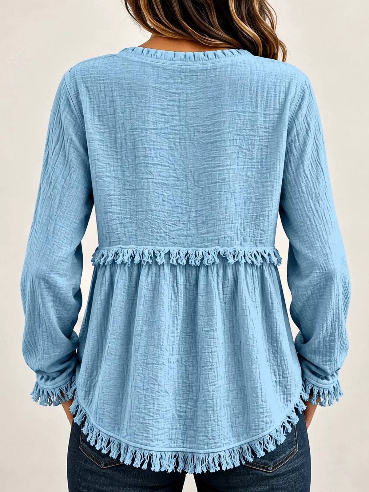 Frayed-hem blouse, light blue back