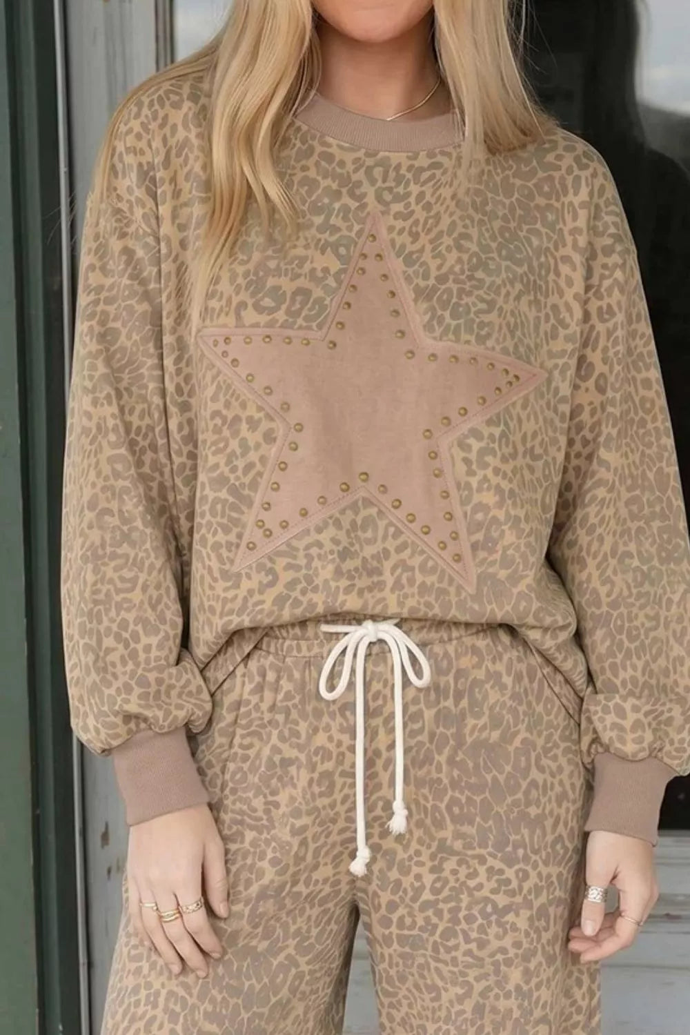 Trendsi Leopard Print Star Embellished Sweatshirt and Pants Set -