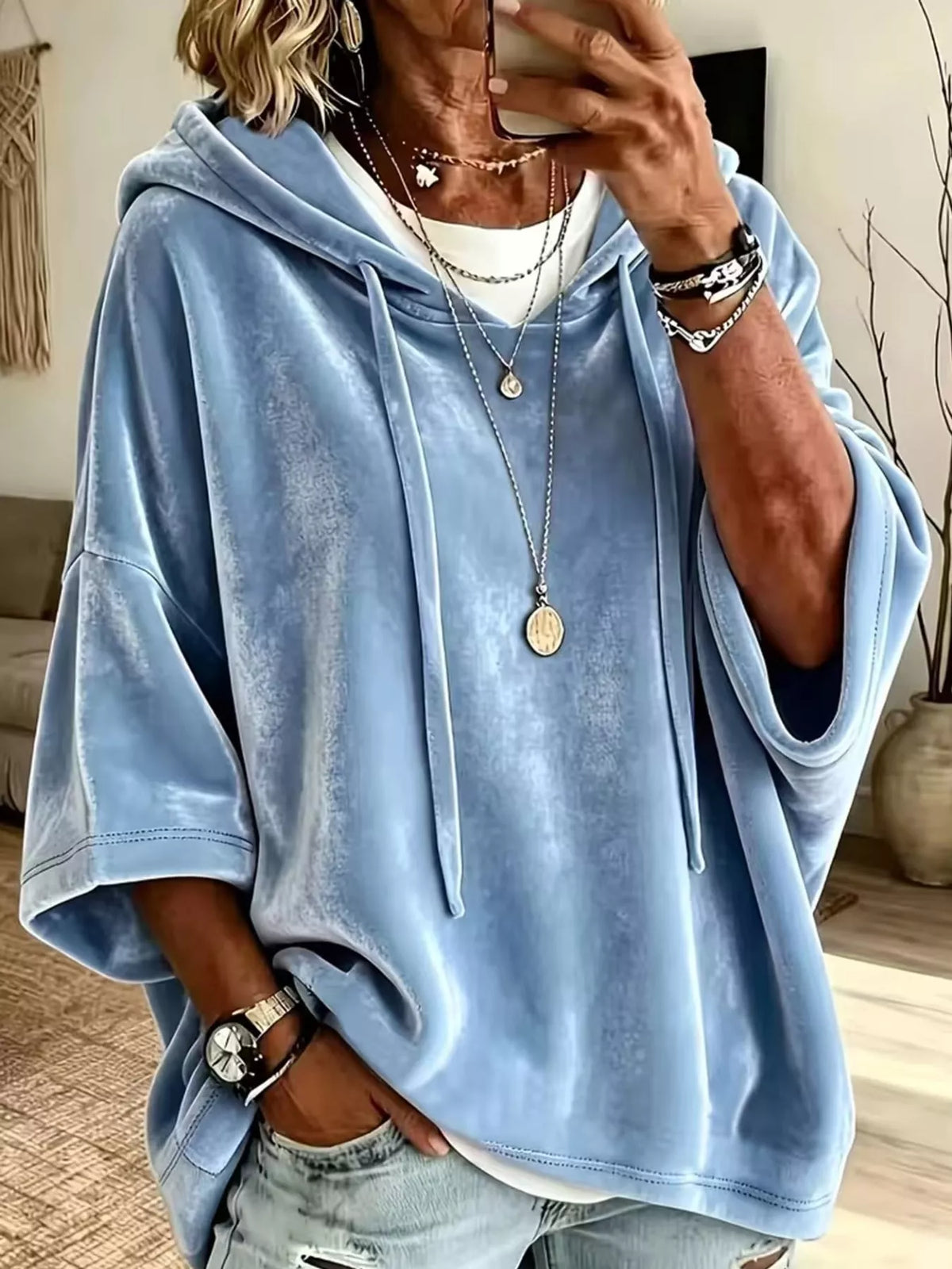 Blue velvet half sleeve hoodie with drawstring