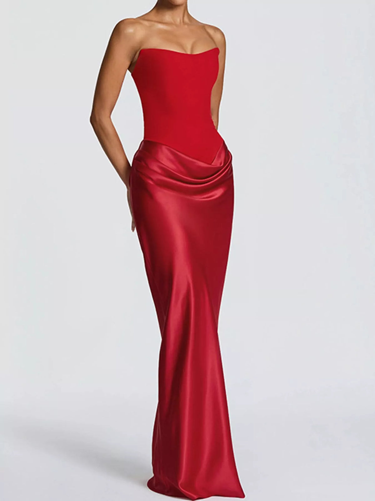 Sweetheart neck strapless maxi dress, front view on model
