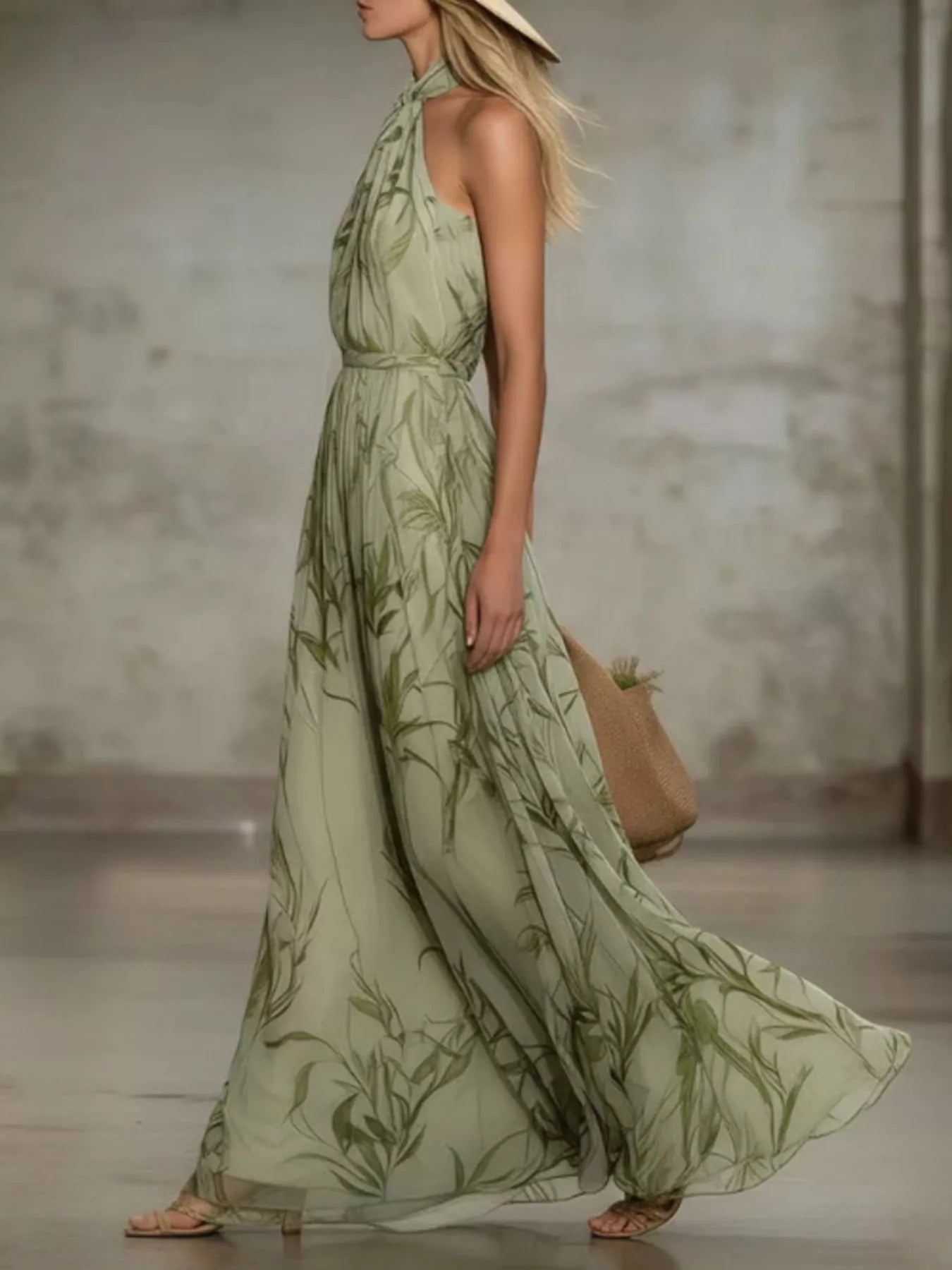Trendsi Leaf Print Sleeveless Chiffon Maxi Dress -