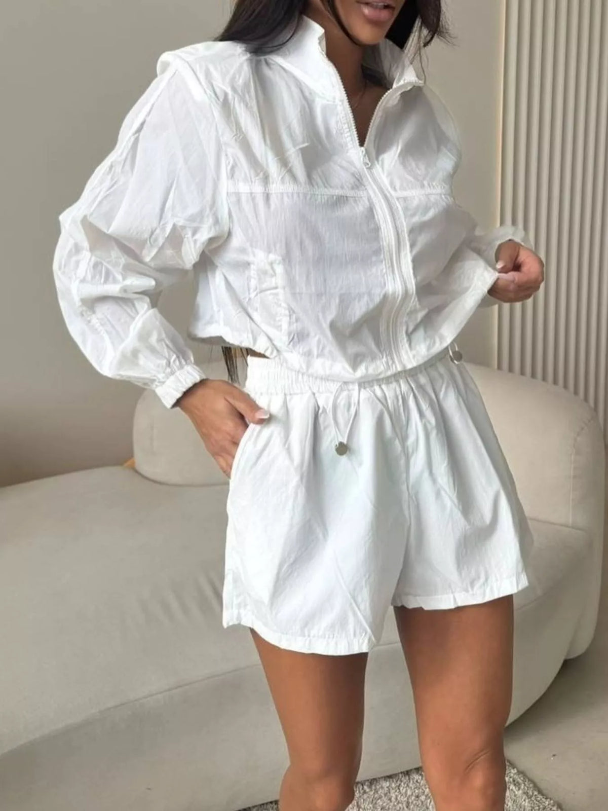 Trendsi Zip-Up Crop Jacket and High-Waisted Shorts Set -