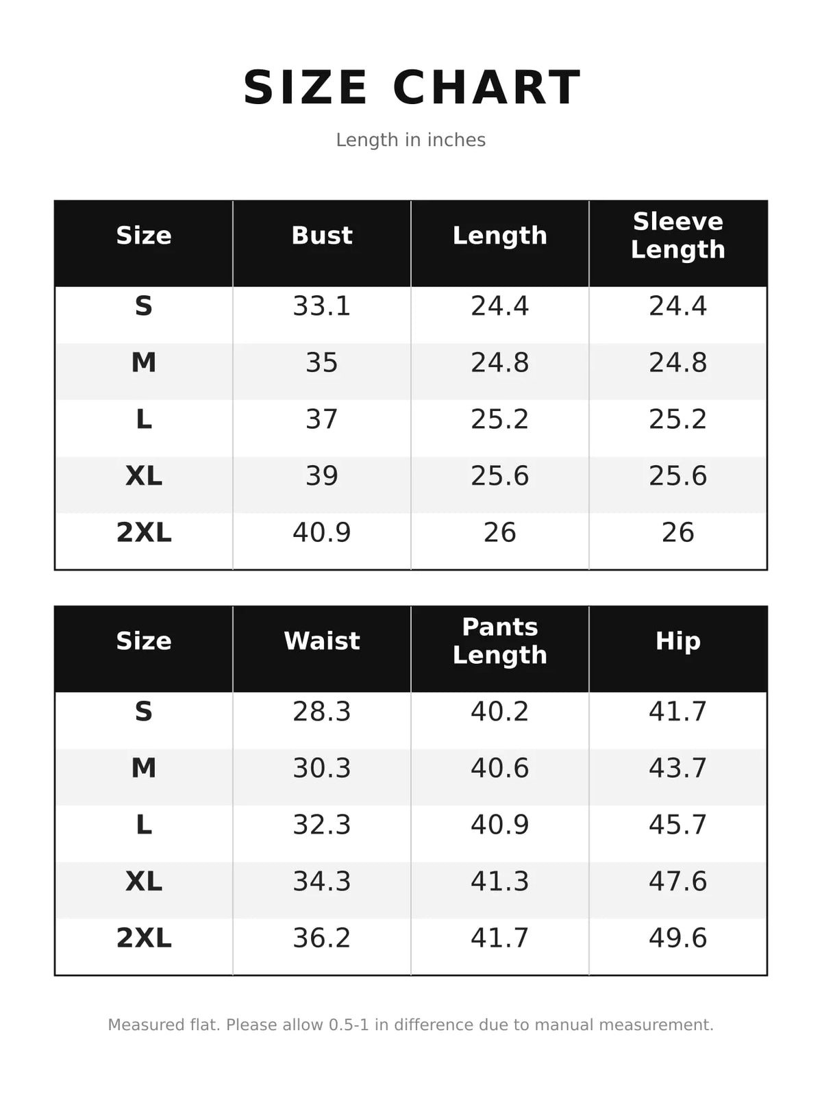 Size chart for boat neck long sleeve top and wrap pants set