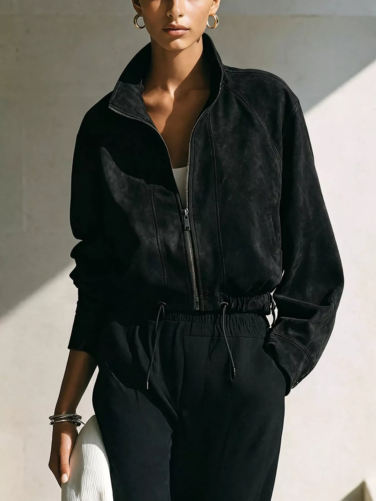 Faux Suede Zip-Up Stand Collar Cropped Jacket, front view