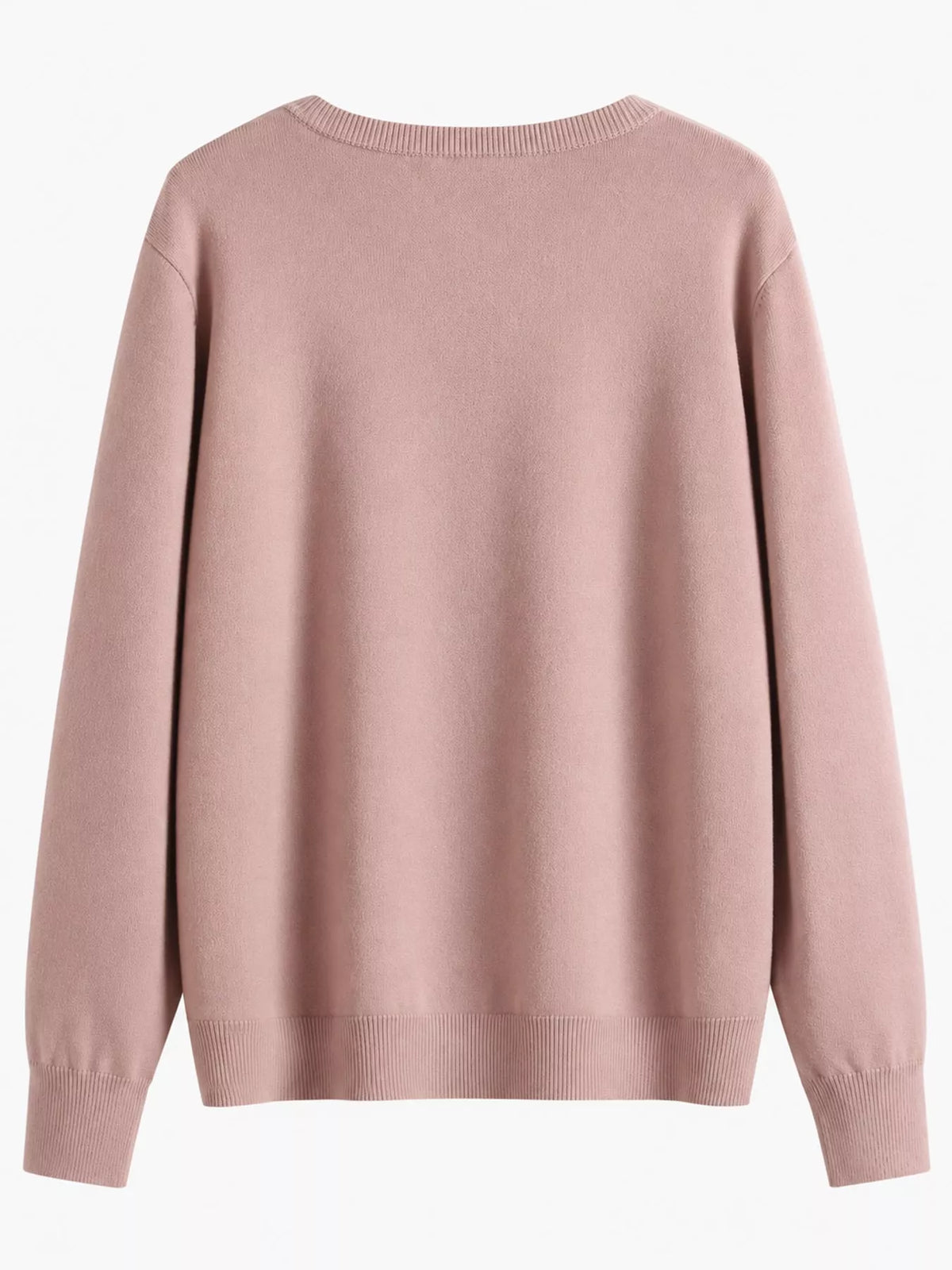 Pink crew neck button down knit cardigan, back view