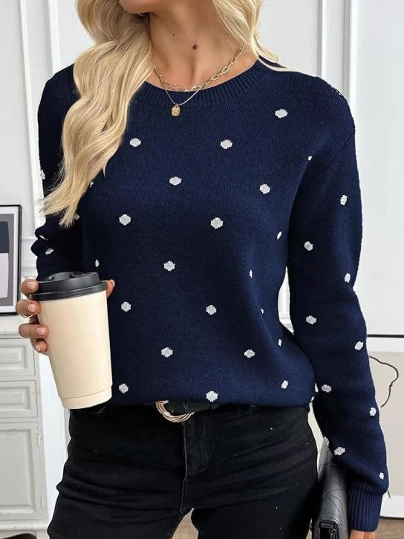 Trendsi Polka Dot Crew Neck Sweater -