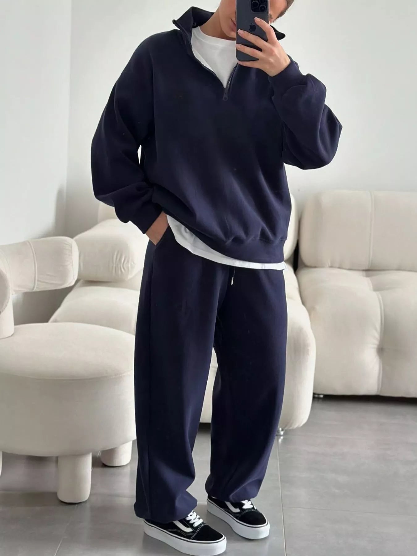 Trendsi Quarter-Zip Top and Wide-Leg Sweatpants Set -