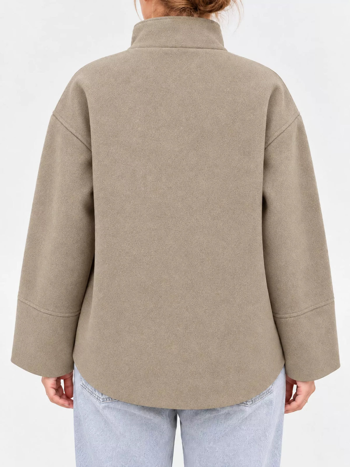Khaki stand-collar button-up jacket, back view