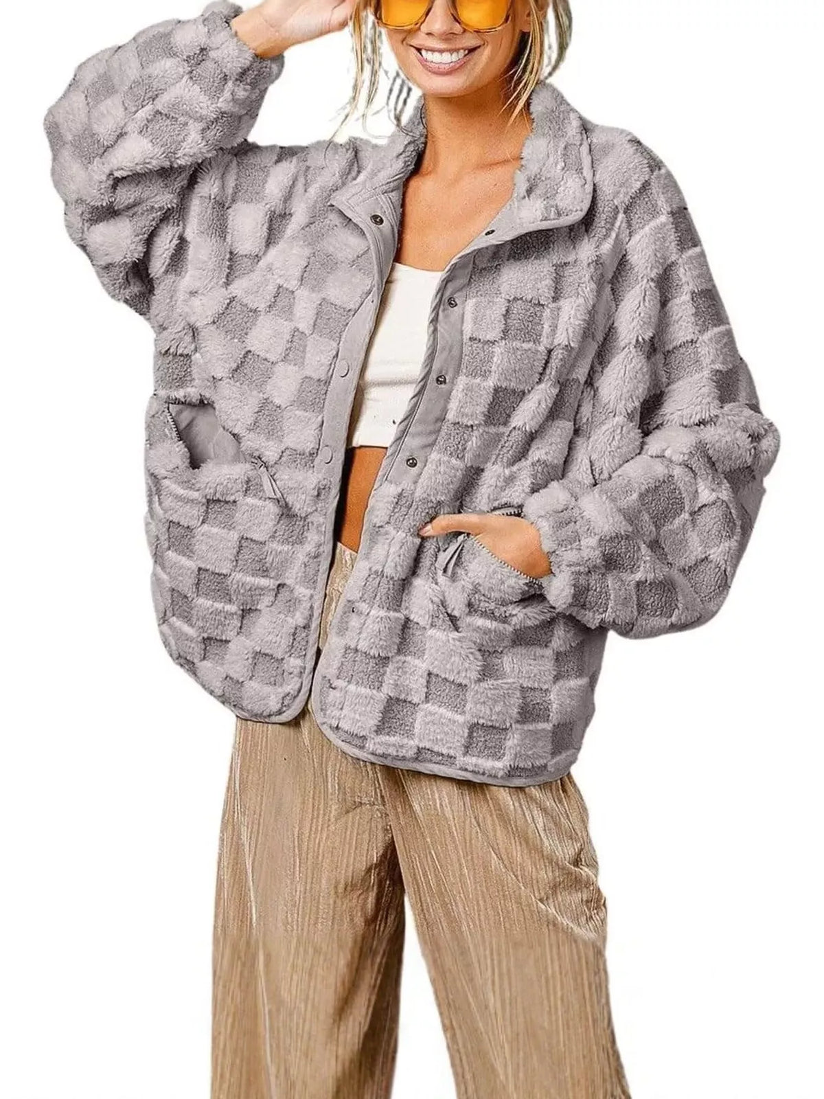 Gray oversized checkerboard faux fur teddy jacket