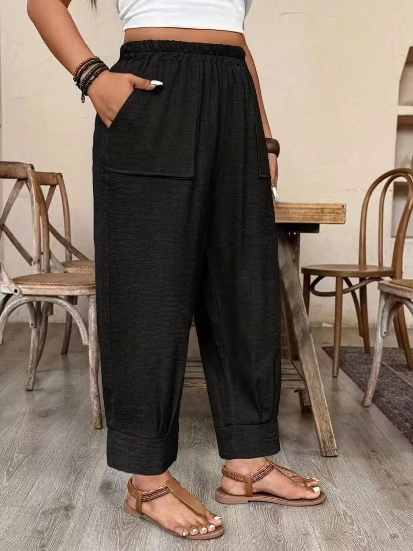 Trendsi Plus Size High-Waisted Elastic Waist Pants with Pockets -