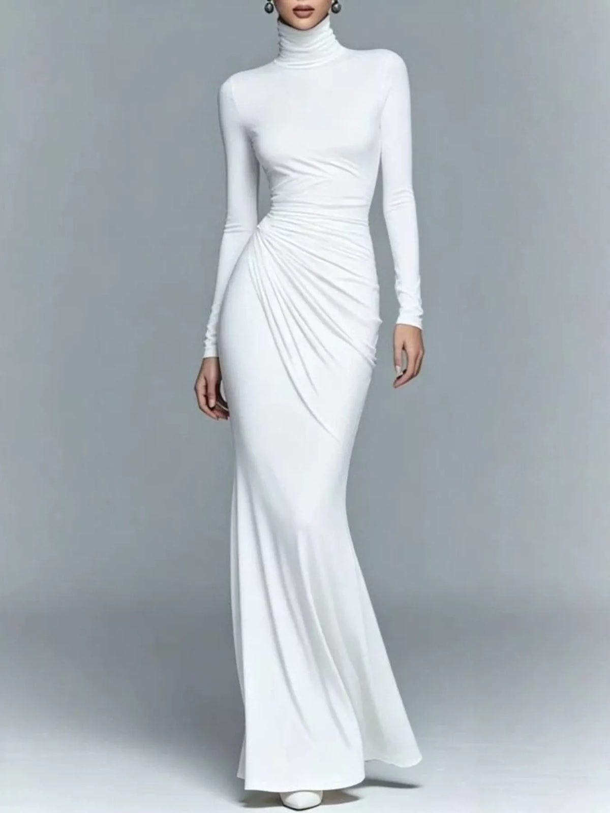 White turtleneck ruched maxi dress