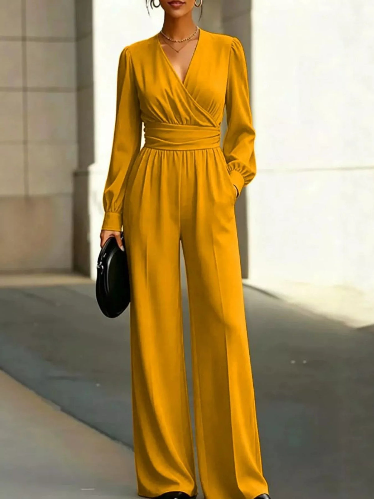 Surplice Long Sleeve Wide-Leg Jumpsuit in mustard, front view