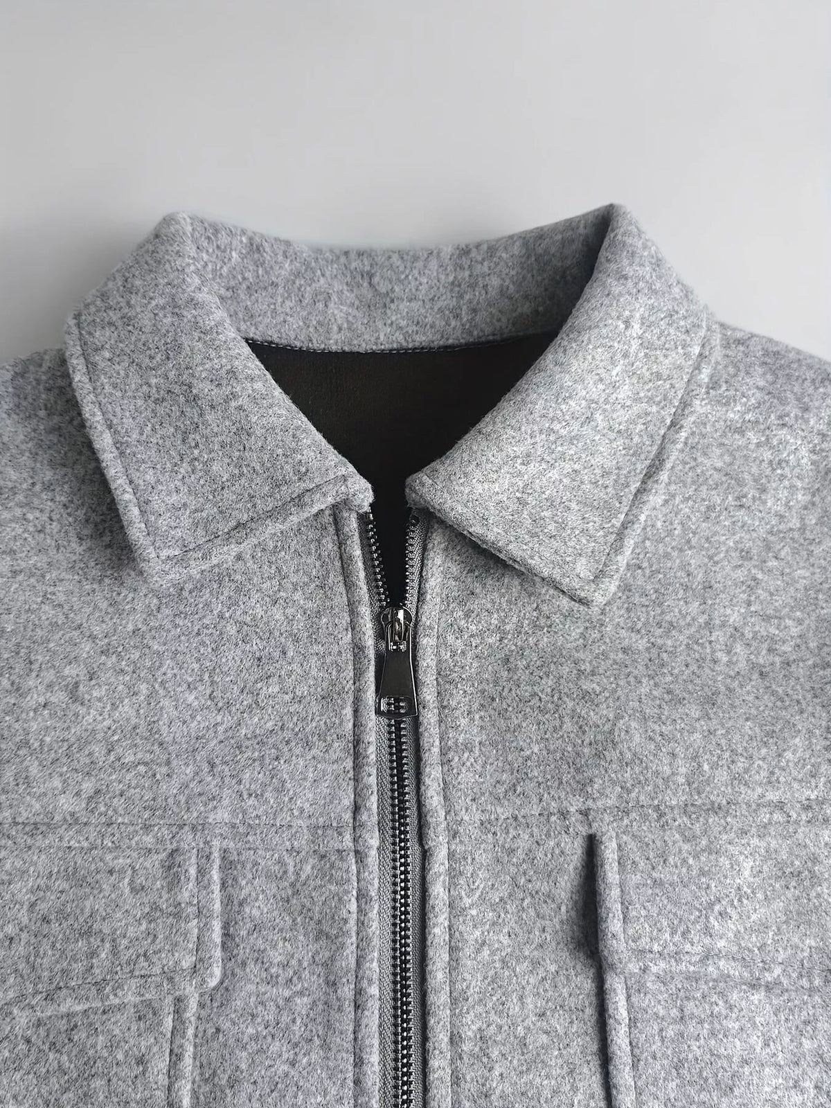 Light Gray Color-Block Zip-Up Jacket collar and zipper detail