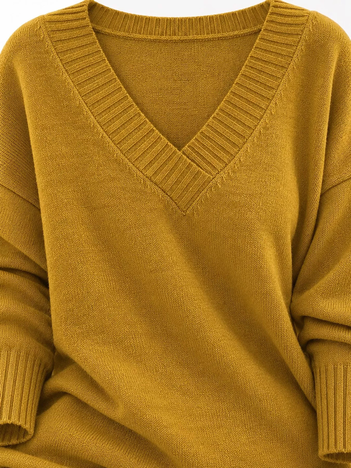 V-neck sweater, mustard knit detail