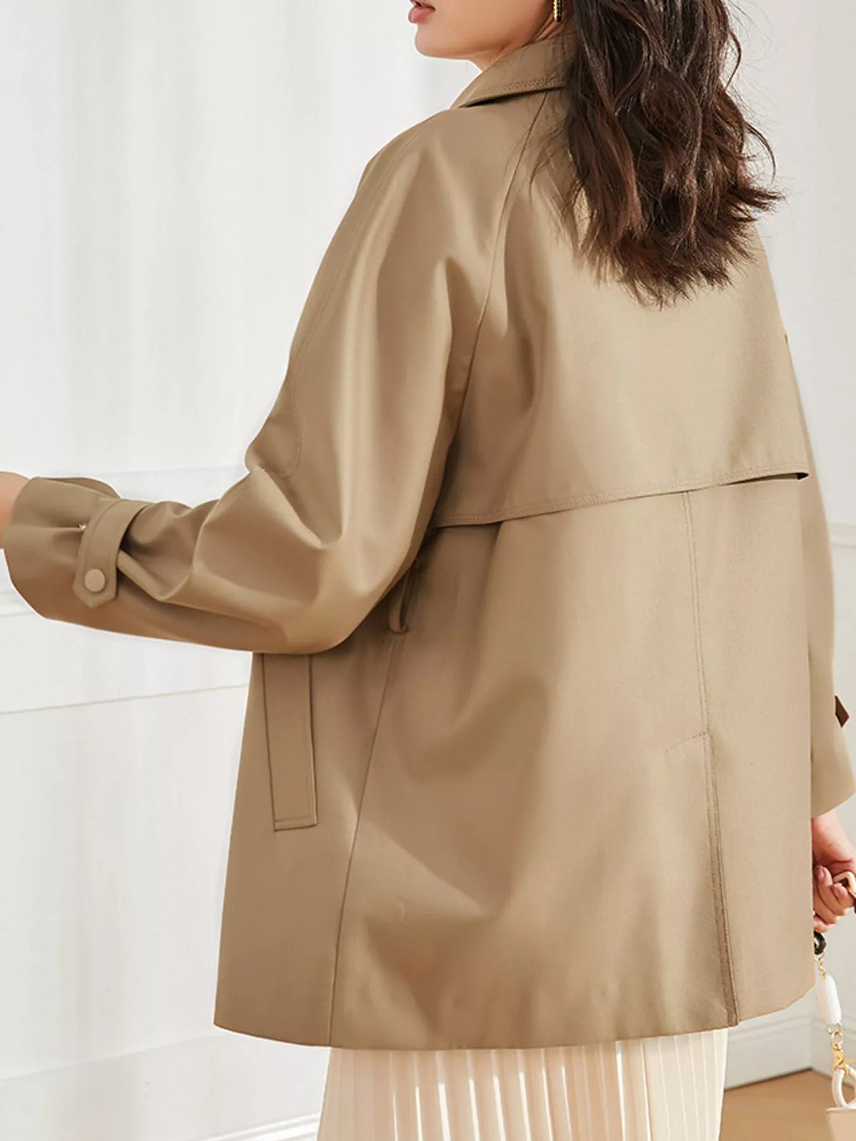 Double-Breasted Tie Waist Trench Coat, back view in beige