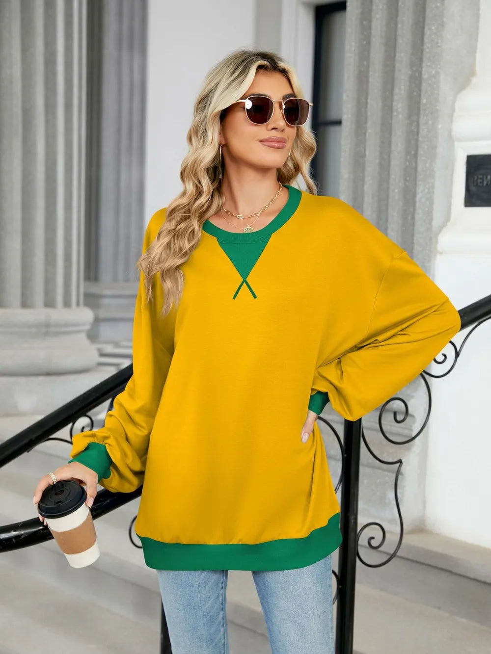 Trendsi Contrast Round Neck Long Sleeve Sweatshirt -