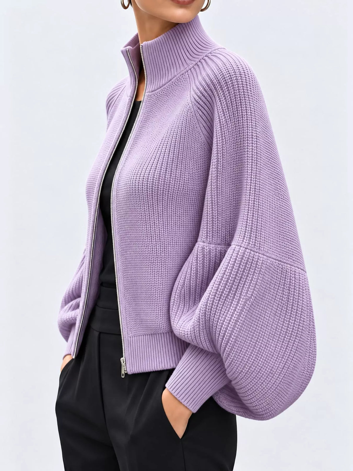 Light Purple ribbed knit zip-up lantern sleeve cardigan