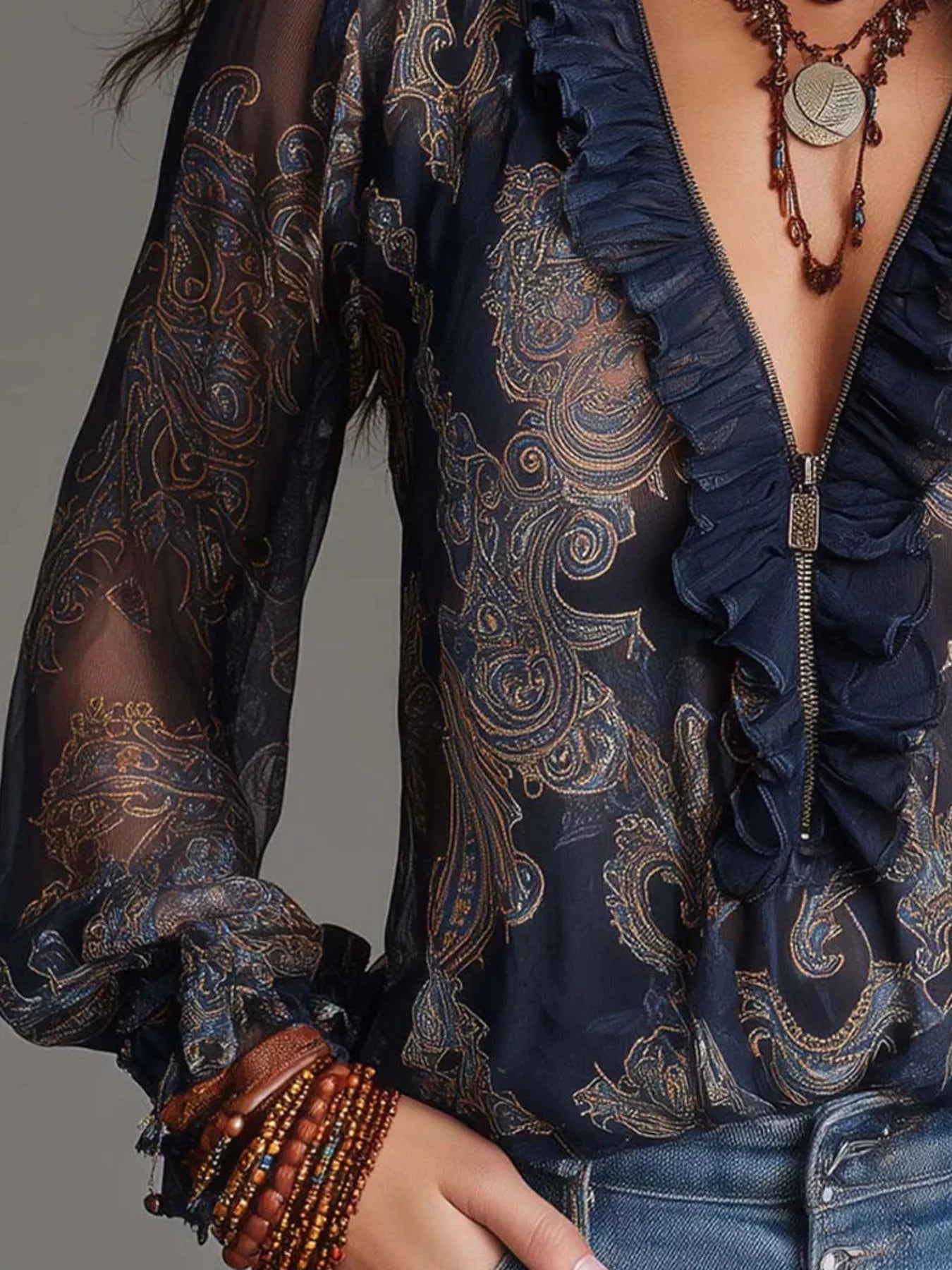 Trendsi Full Size Paisley Print Ruffle Trim Zip-Front Blouse Plus Size -