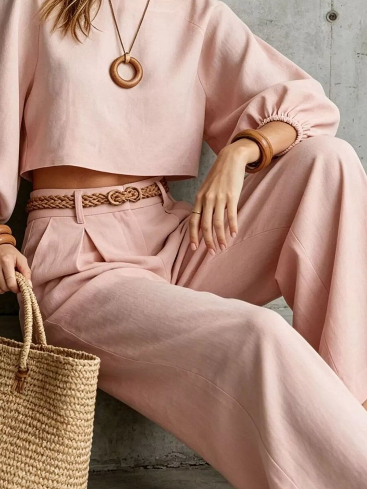 Cropped blouse and pants set, pink waist detail