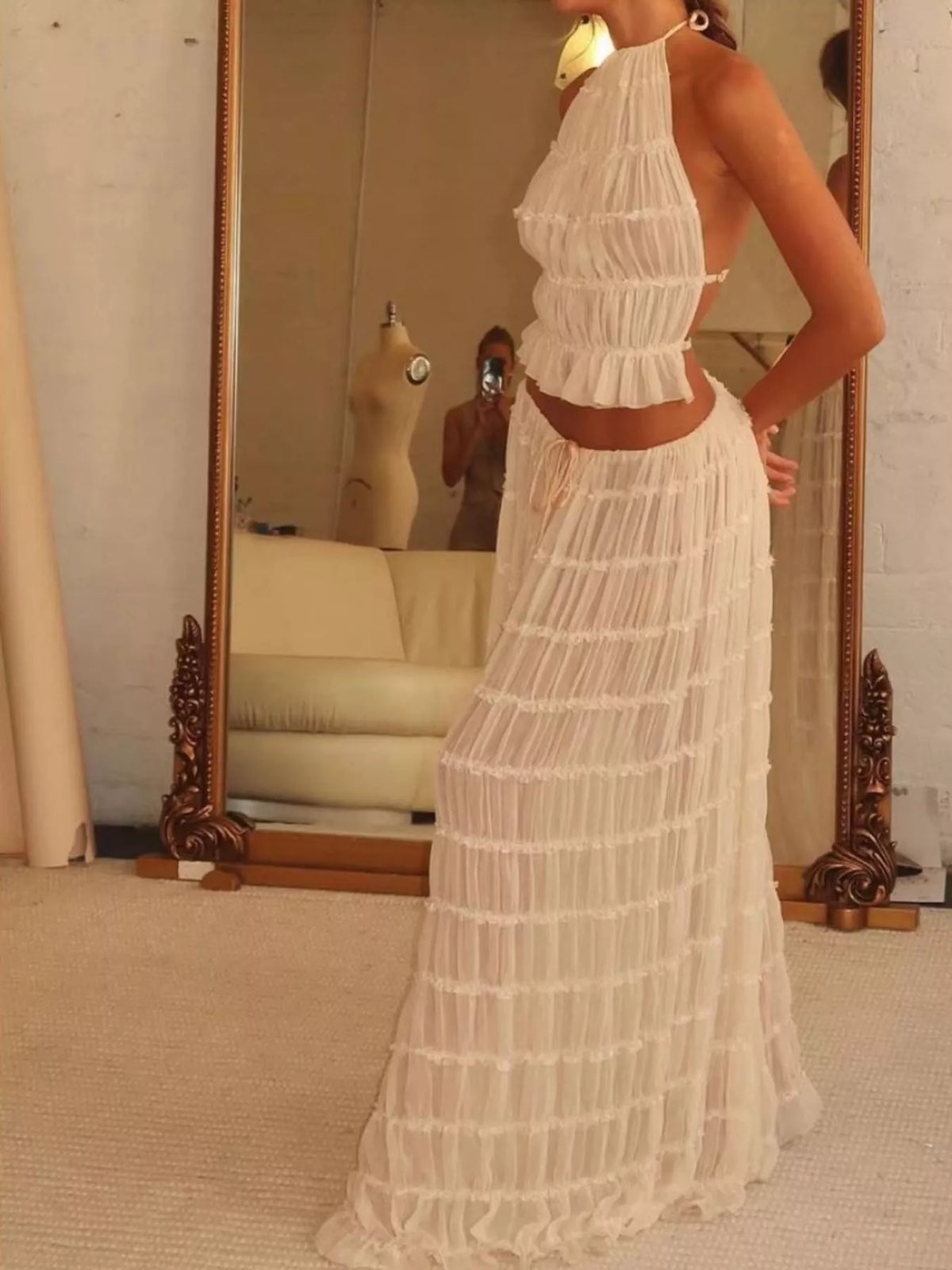 Halter top and skirt set, ivory side full