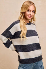 Trendsi BiBi Wide Stripe Fuzzy Knit Round Neck Sweater -