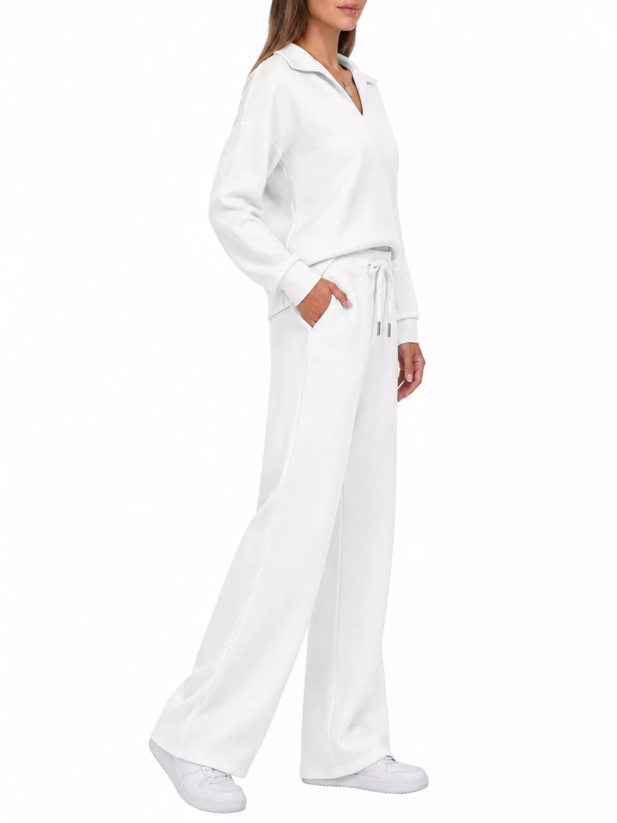 Top and drawstring pants set, white side
