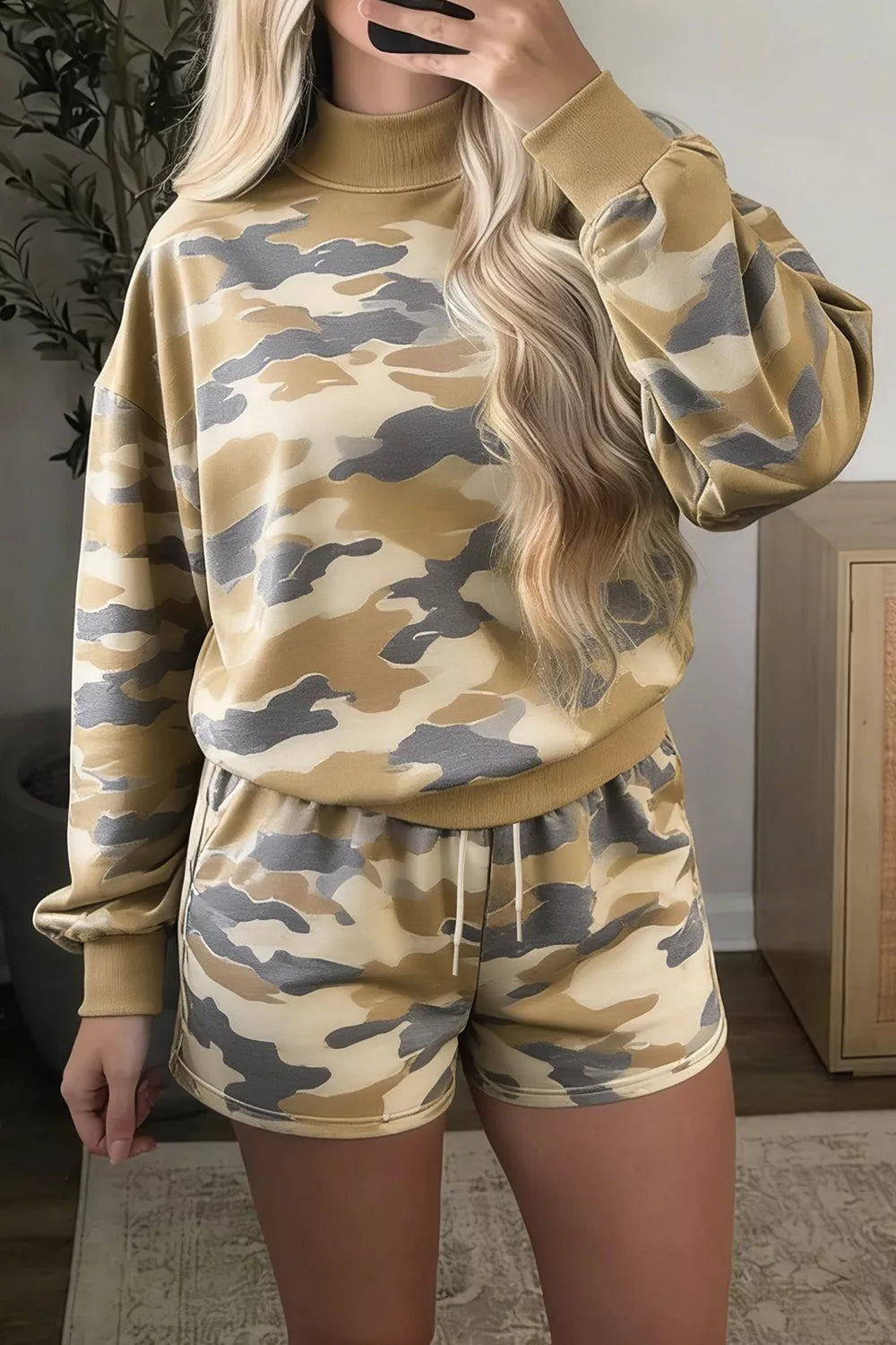 Camouflage Print Long Sleeve Top Drawstring Shorts Set in beige, front view