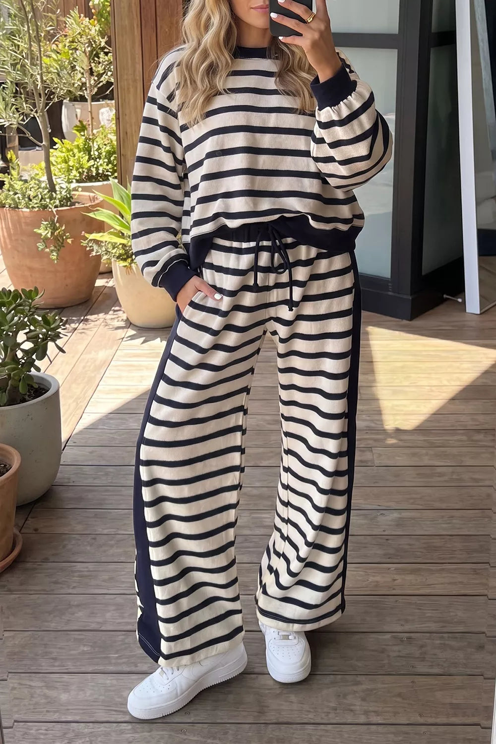 Trendsi Stripe Relaxed Long Sleeve Top Color Block Detail Drawstring Pant Set -