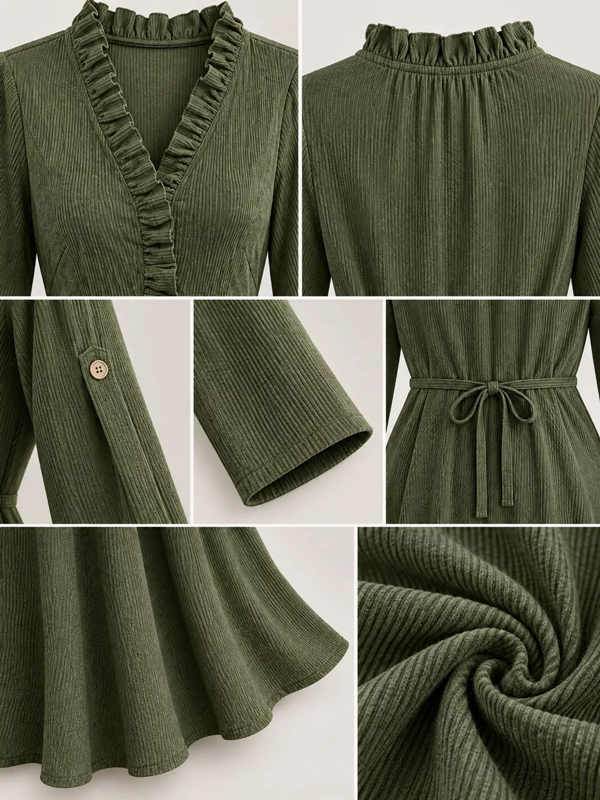 Frill-trim maxi dress, olive detail collage