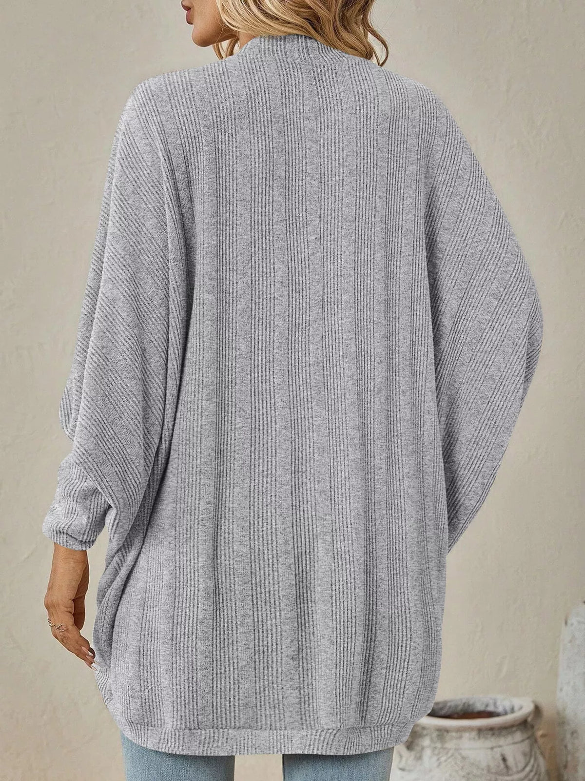 Light gray open-front batwing sleeve ribbed cardigan, back view