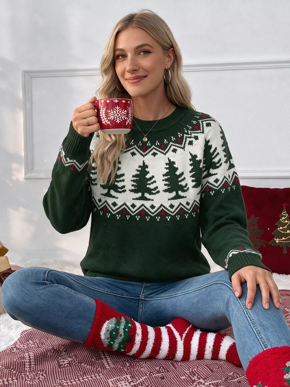 Dark green Christmas tree sweater, front view