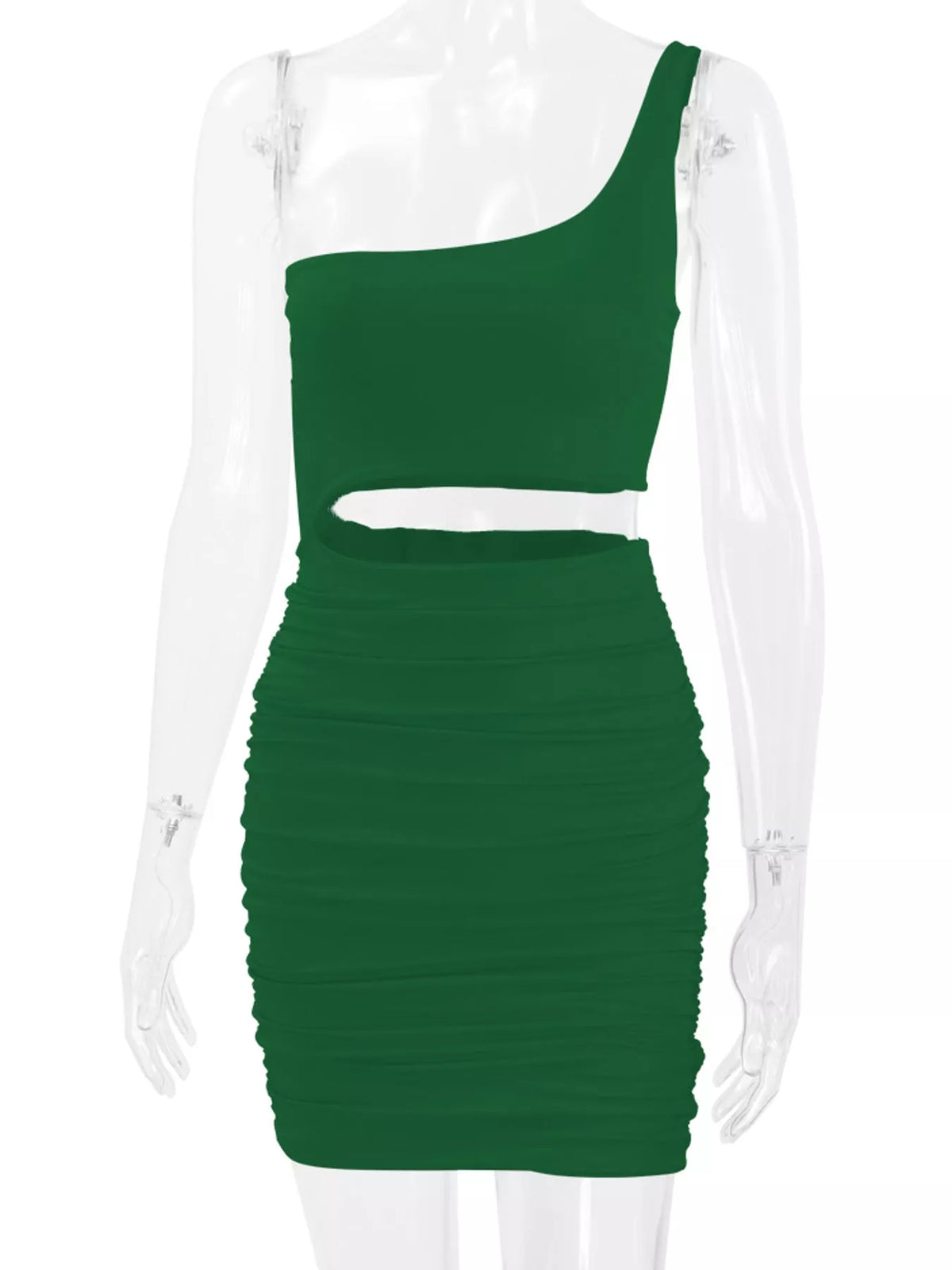 One-shoulder cutout dress, green mannequin front