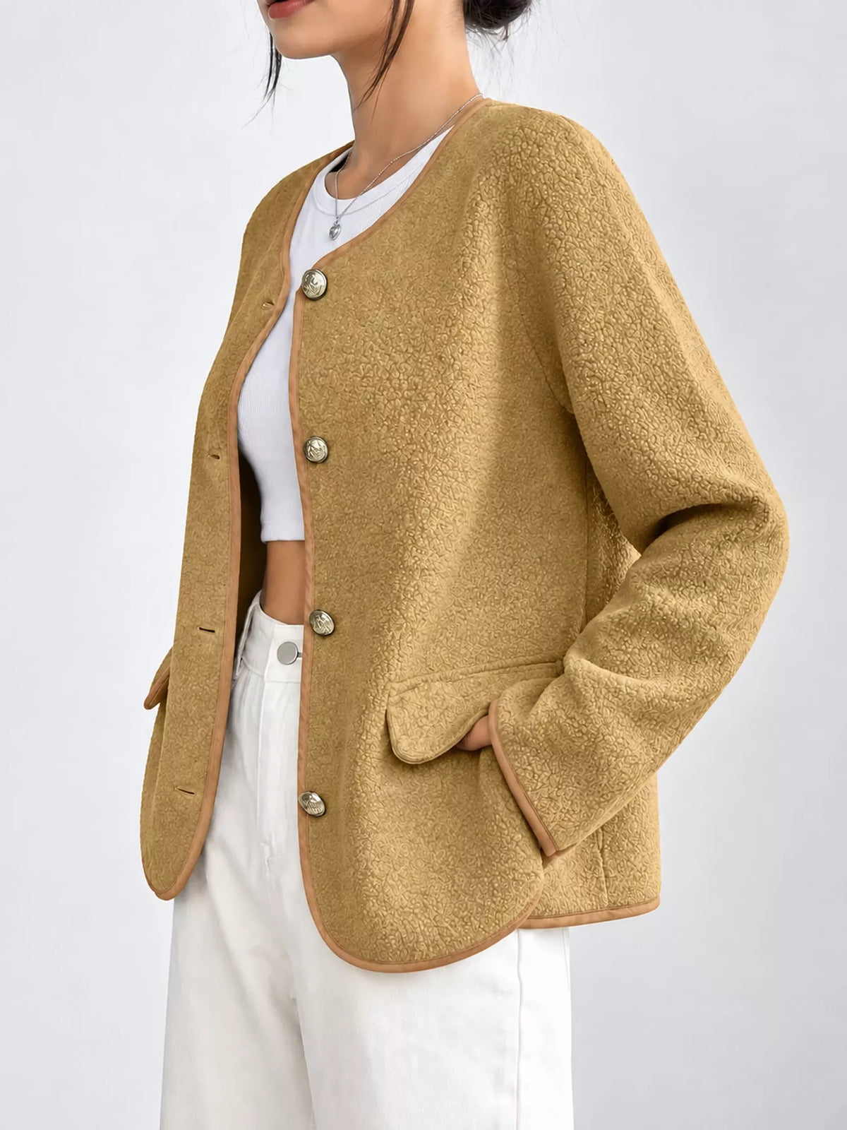 Mustard textured button-front jacket — side view