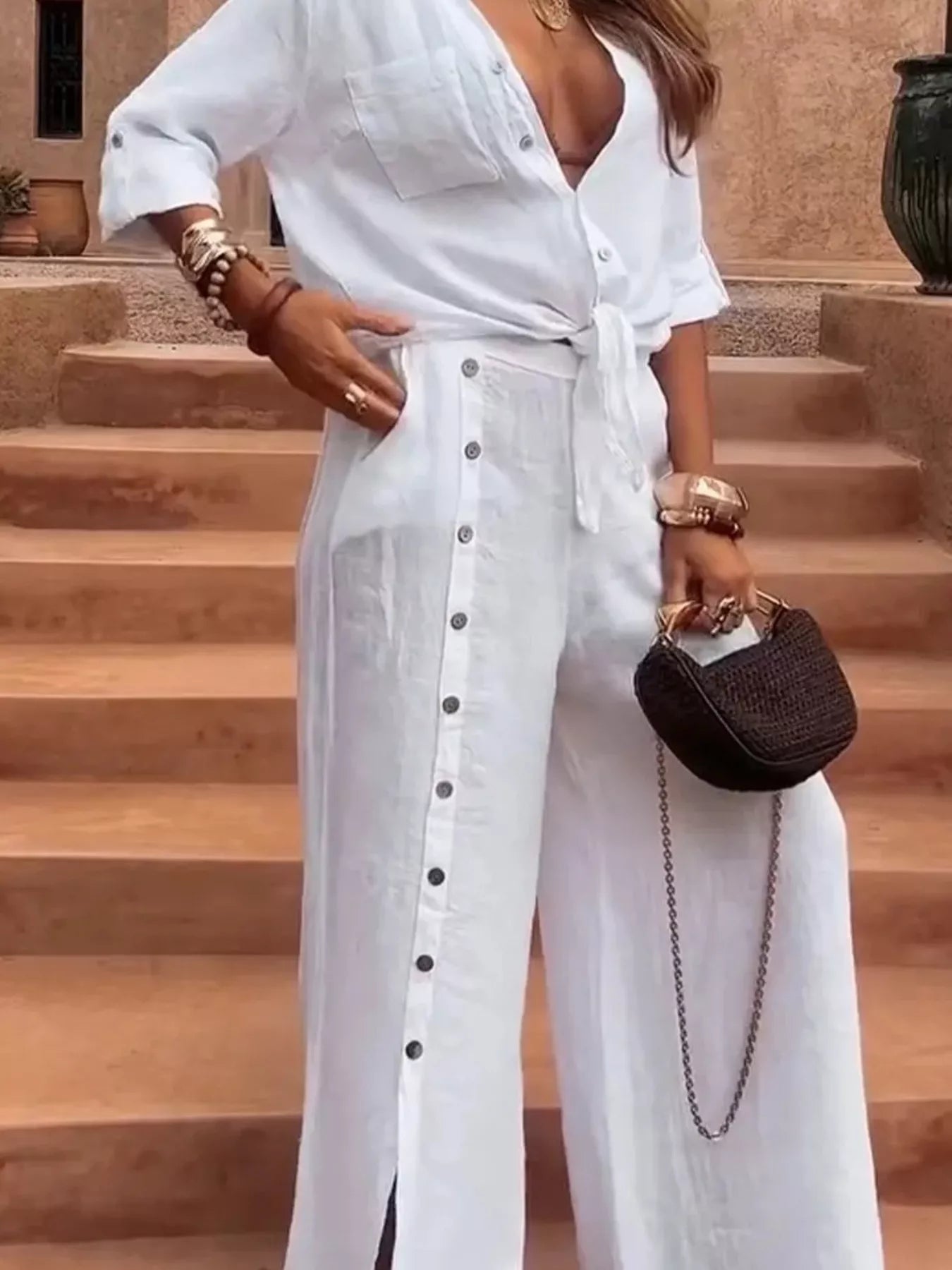Trendsi Full Size Tie-Front Shirt and Button-Down Wide-Leg Pants Set Plus Size -