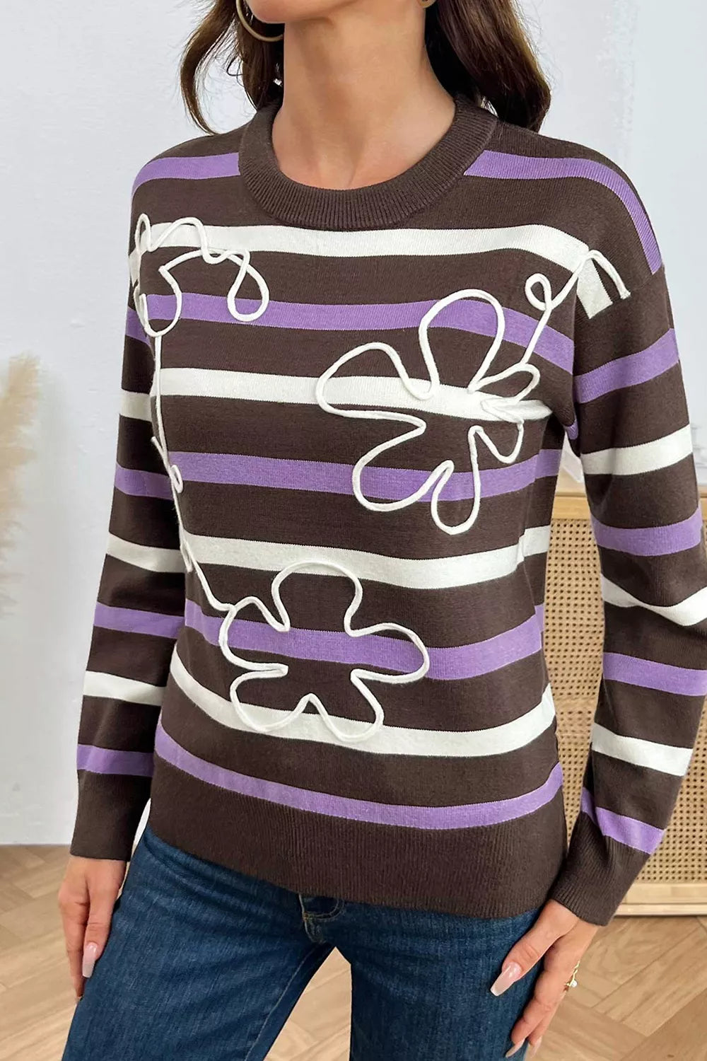 Trendsi Stripe Embroidered Detail Drop Shoulder Sweater -