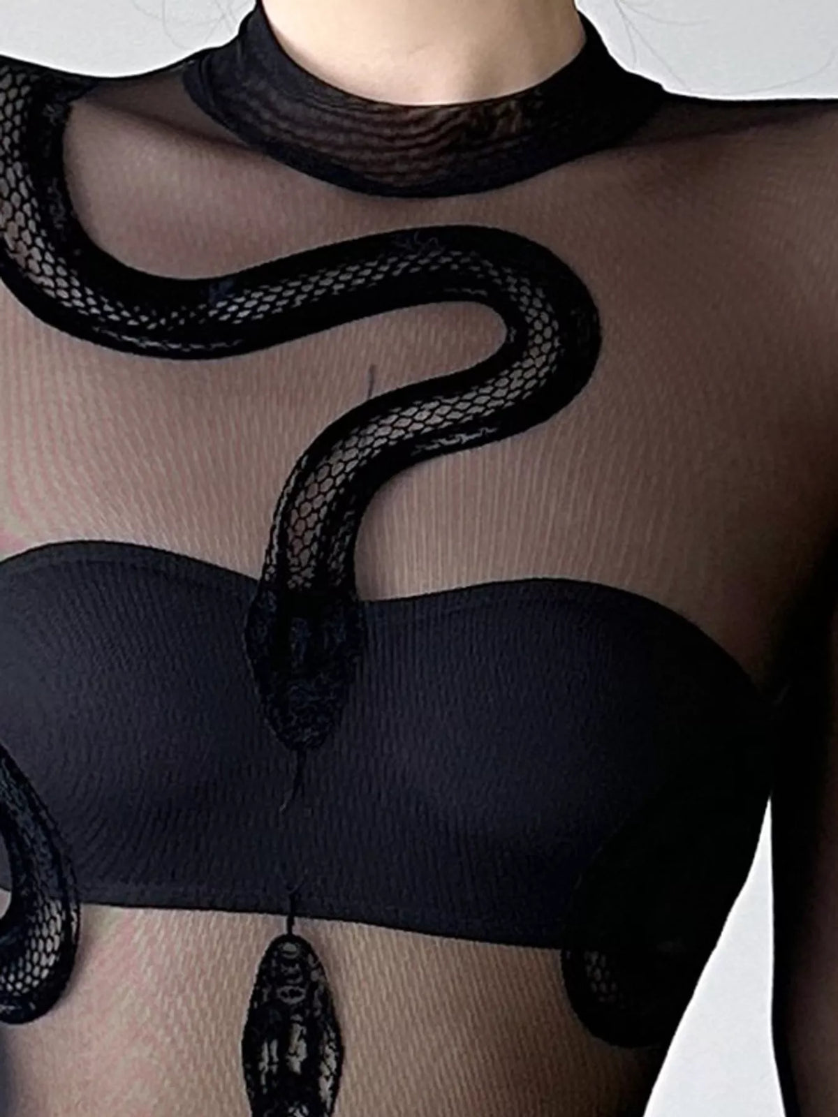 Black sheer mesh snake-motif bodysuit, sheer mesh neckline and snake motif