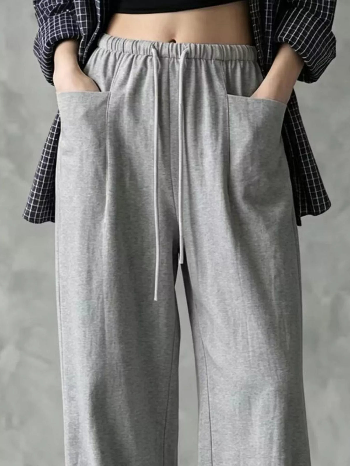 Women's Drawstring Wide-Leg Casual Pants in gray — waist detail view