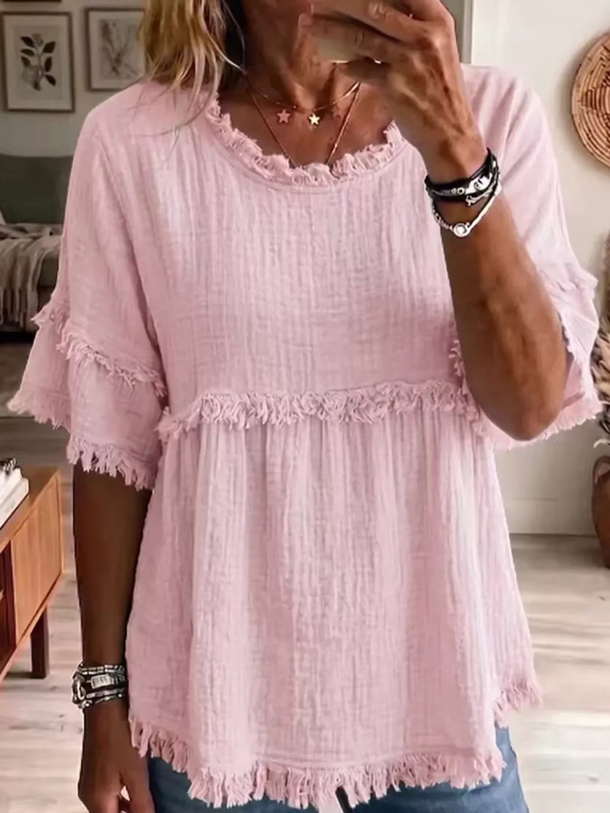 Pink frayed edge textured blouse