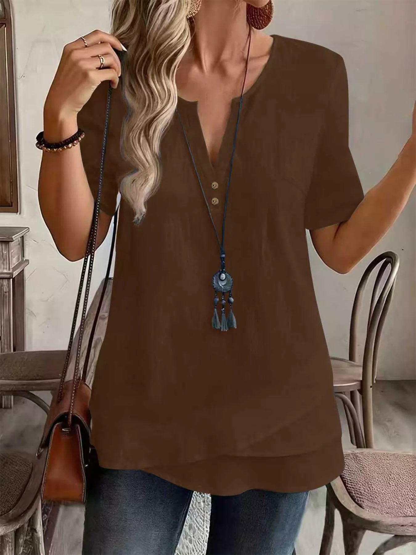 Trendsi Notched Short Sleeve Blouse -
