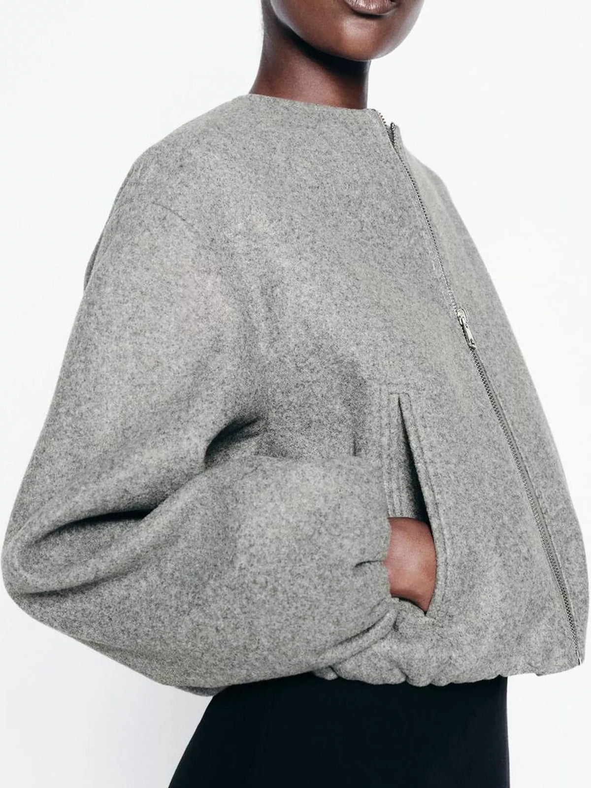 Cropped Round-Neck Zip-Up Jacket — side view