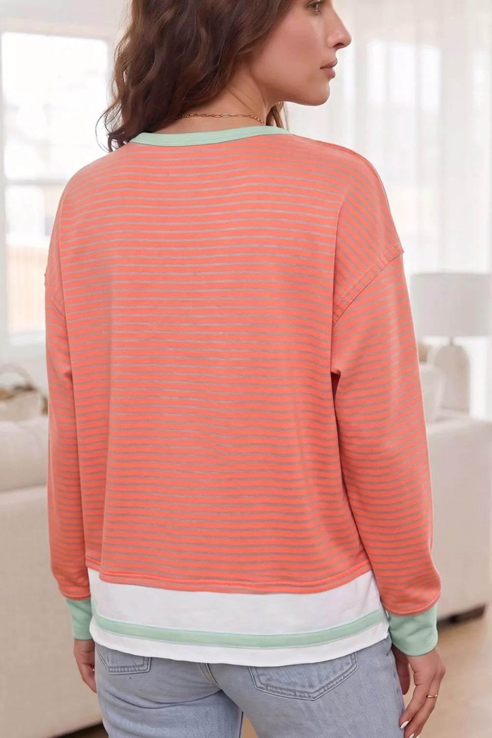 Trendsi Stripe Colorblock Detail Raw Seam Long Sleeve Tunic Top - Shirts