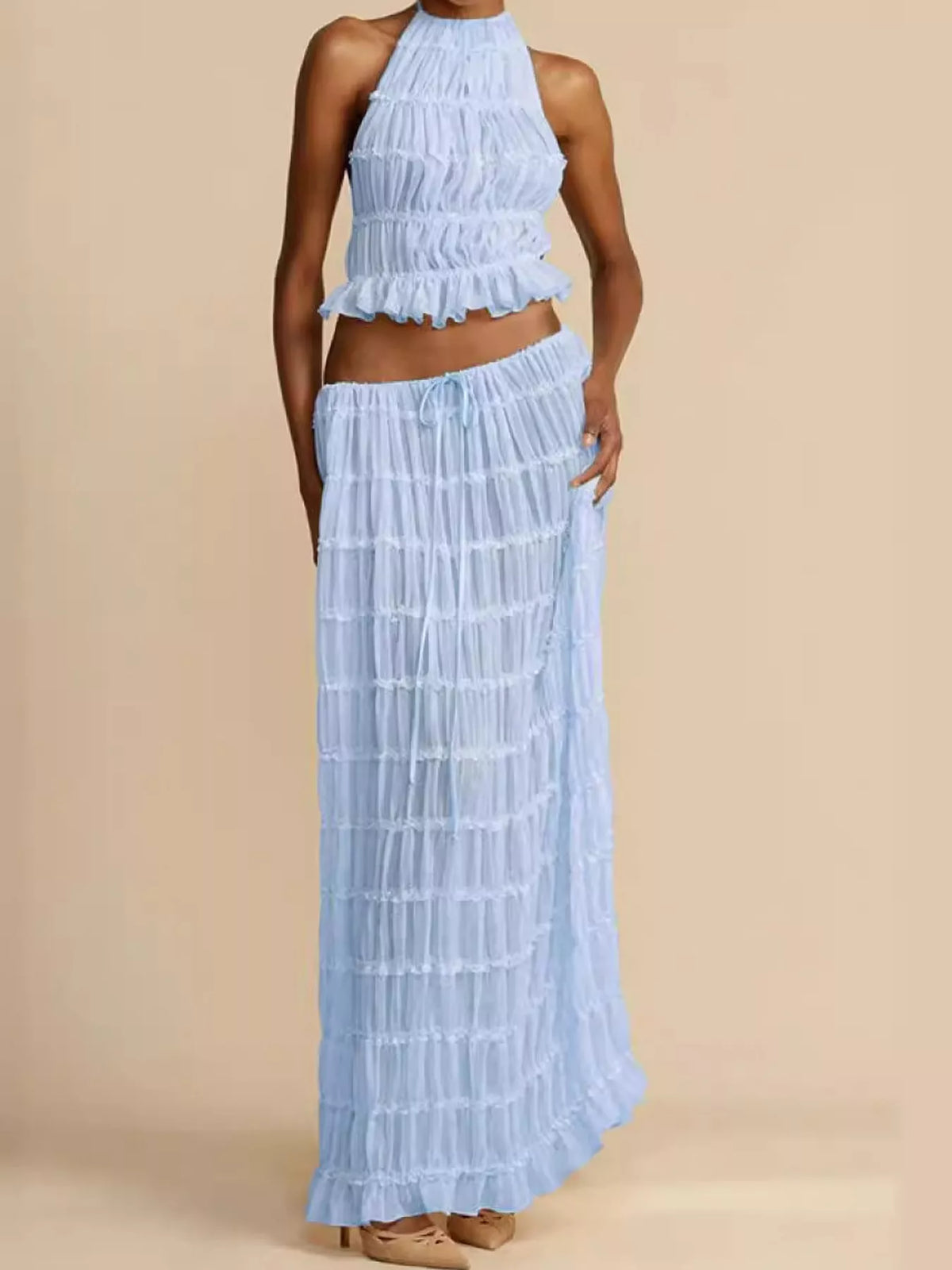 Halter top and skirt set, blue front